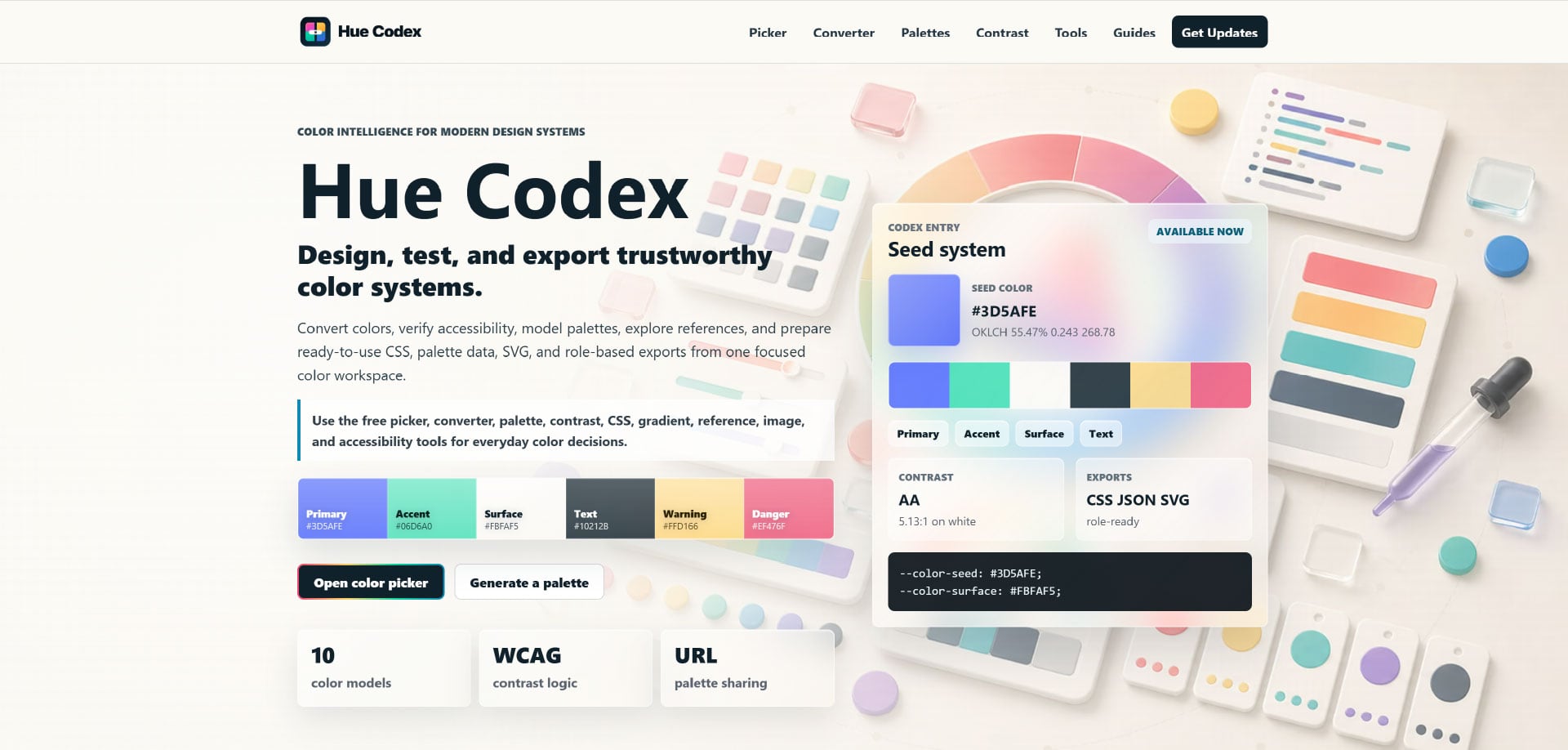 Screenshot of HueCodex.com color tools website