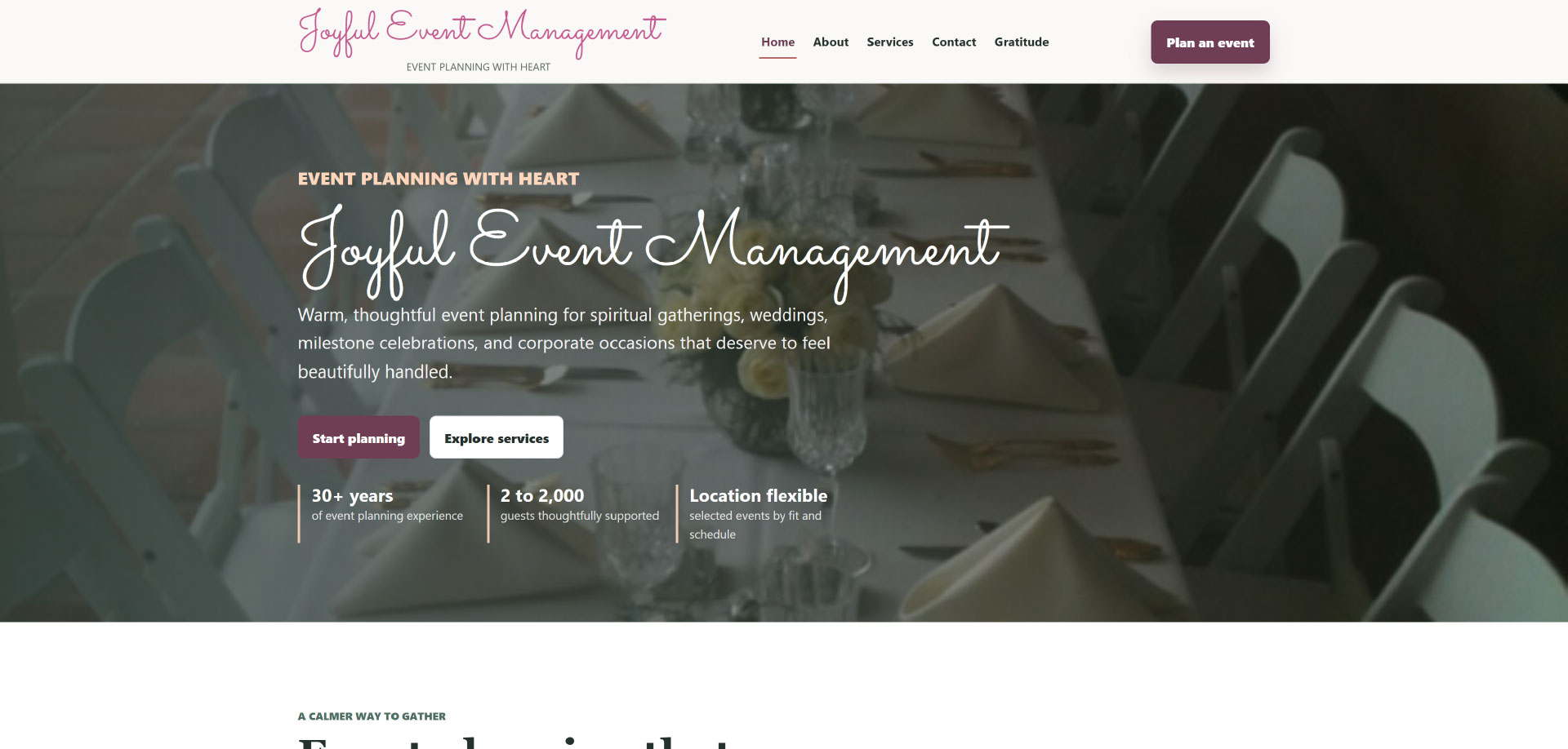 Screenshot of JoyfulEventManagement.com event planning website